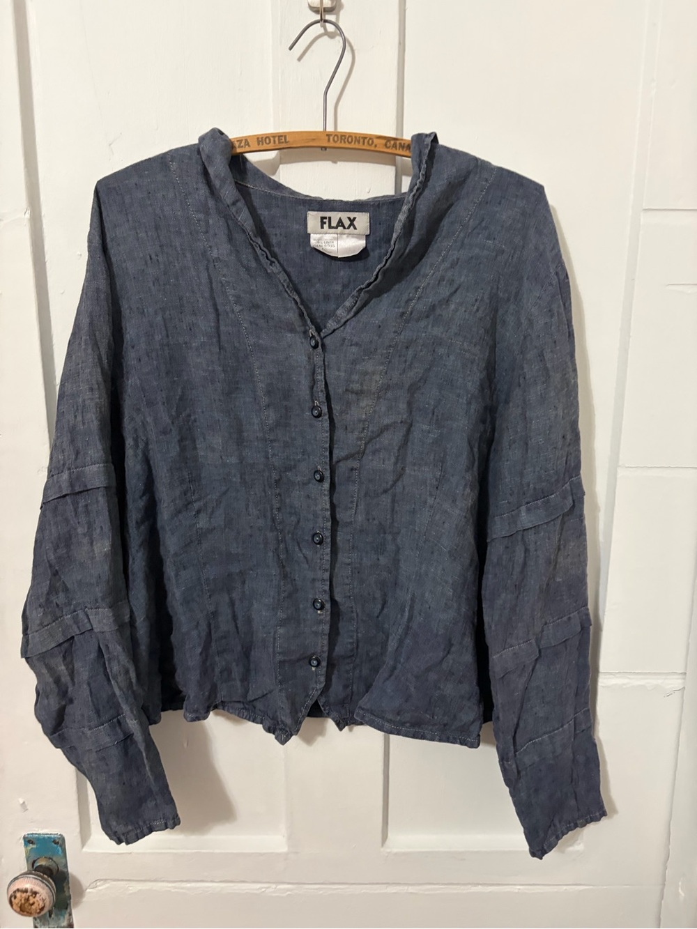 FLAX Slate Blue Linen Button-Front Blouse